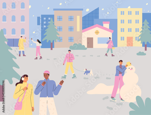 Snowy urban background. People are walking down the street, making snowmen and walking dogs. flat vector illustration.