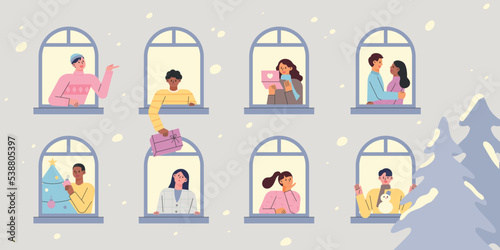 Neighbors seen through the window on a snowy day. People are saying Christmas greetings to each other and sharing gifts. flat vector illustration.