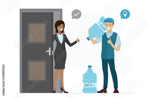 Cartoon african american woman open door and caucasian deliveryman with bottles of pure water, isolated on white background. Shipping plastic tanks of fresh water for consumer.