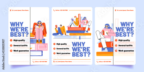 Set of book store banners. Vector illustration of flat male and female characters reading literature with happy interested faces. Students enjoying hobby sitting in library. Publishing festival promo