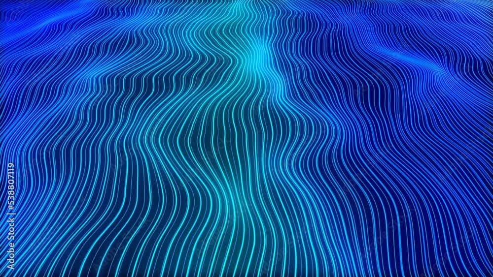 Wave blue glowing animated background. Random motion of space matter. Texture of stripes, lines. Movement route. matrix field. Screensaver for business, presentation, science, technology. 4k