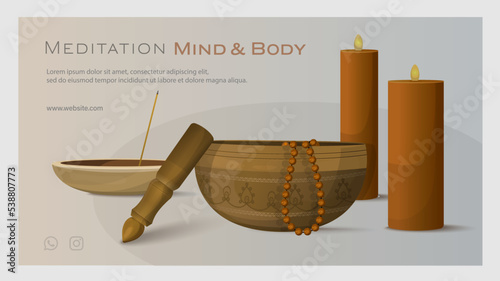 Singing bowl with rosary. Orange candles, beads, incense holder. Banner for yoga class, spa treatments, sound therapy, relaxation ceremony. Vector illustration for poster, banner, website, advertising
