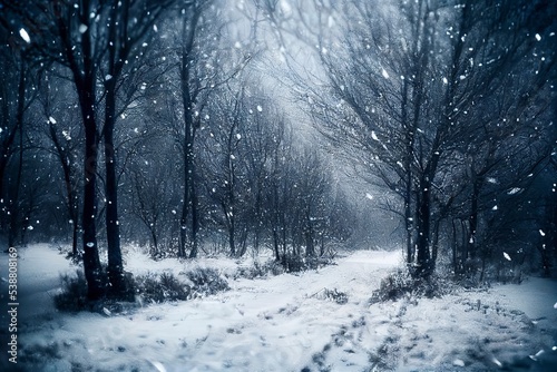 Winter night with snow flakes falling. Snowfall, trees in forest in snow with bokeh © vuang