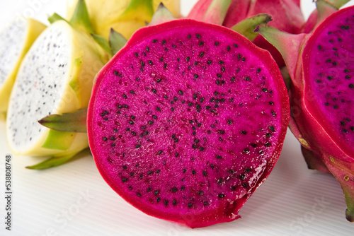 Close-up of a halved of the Pitaya or Dragon Fruits, isolated