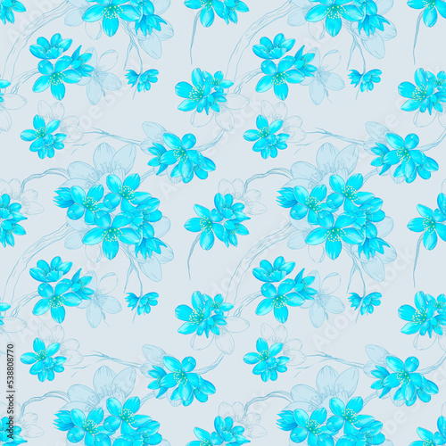 floral seamless pattern, blue flowers on light background. delicate romantic field of flowers