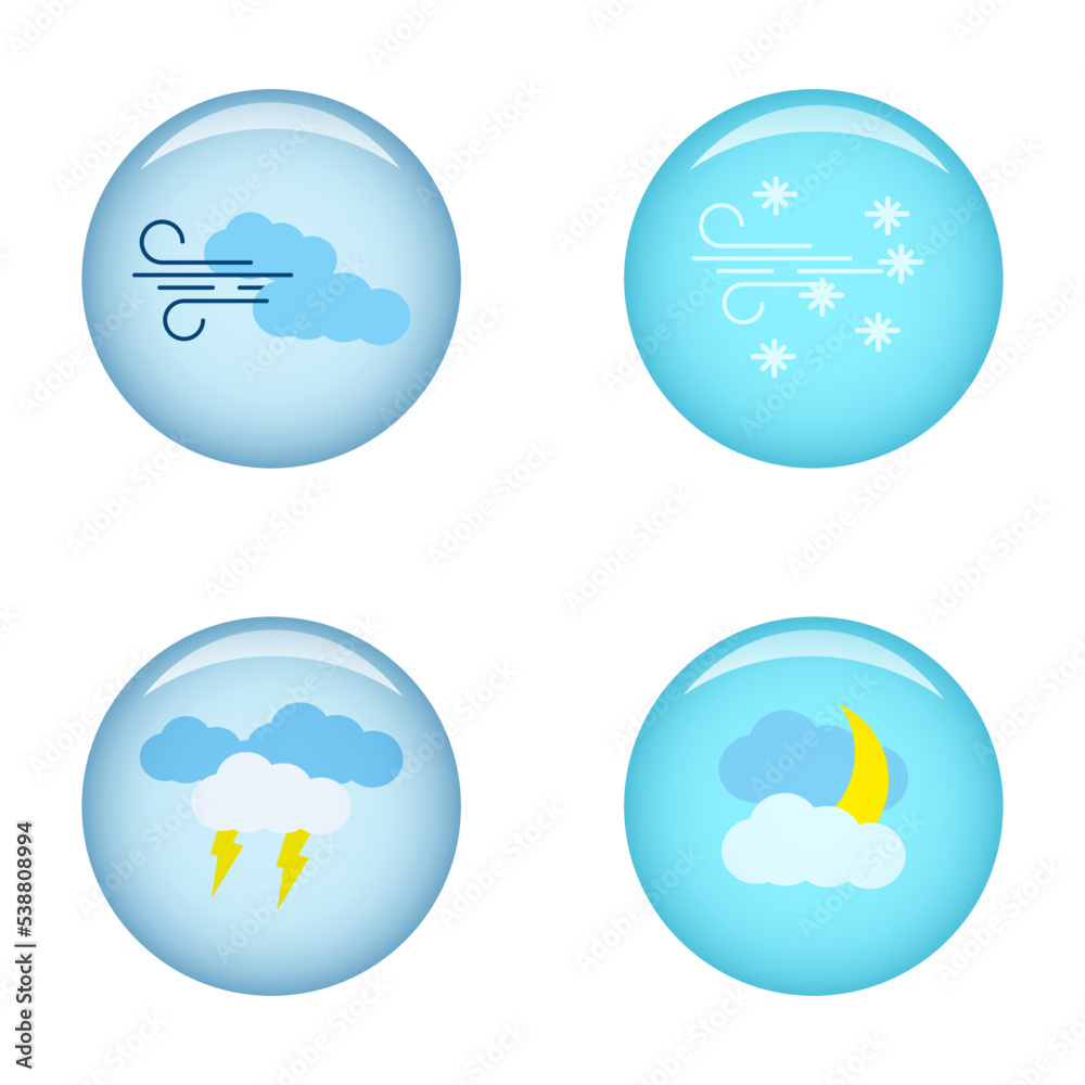 Obraz premium weather icon set, wind, snow, thunderstorm, button shaped icons