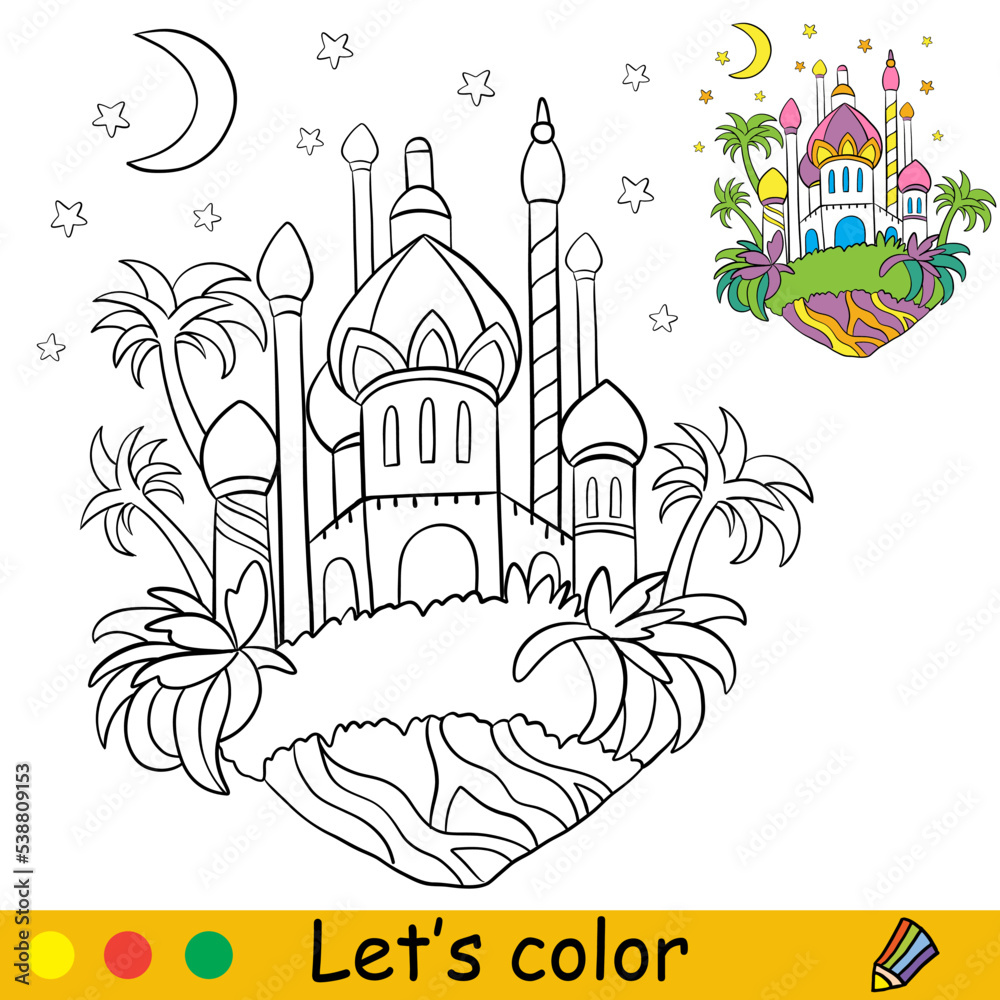 Cartoon magical oriental castle coloring book page vector Stock Vector