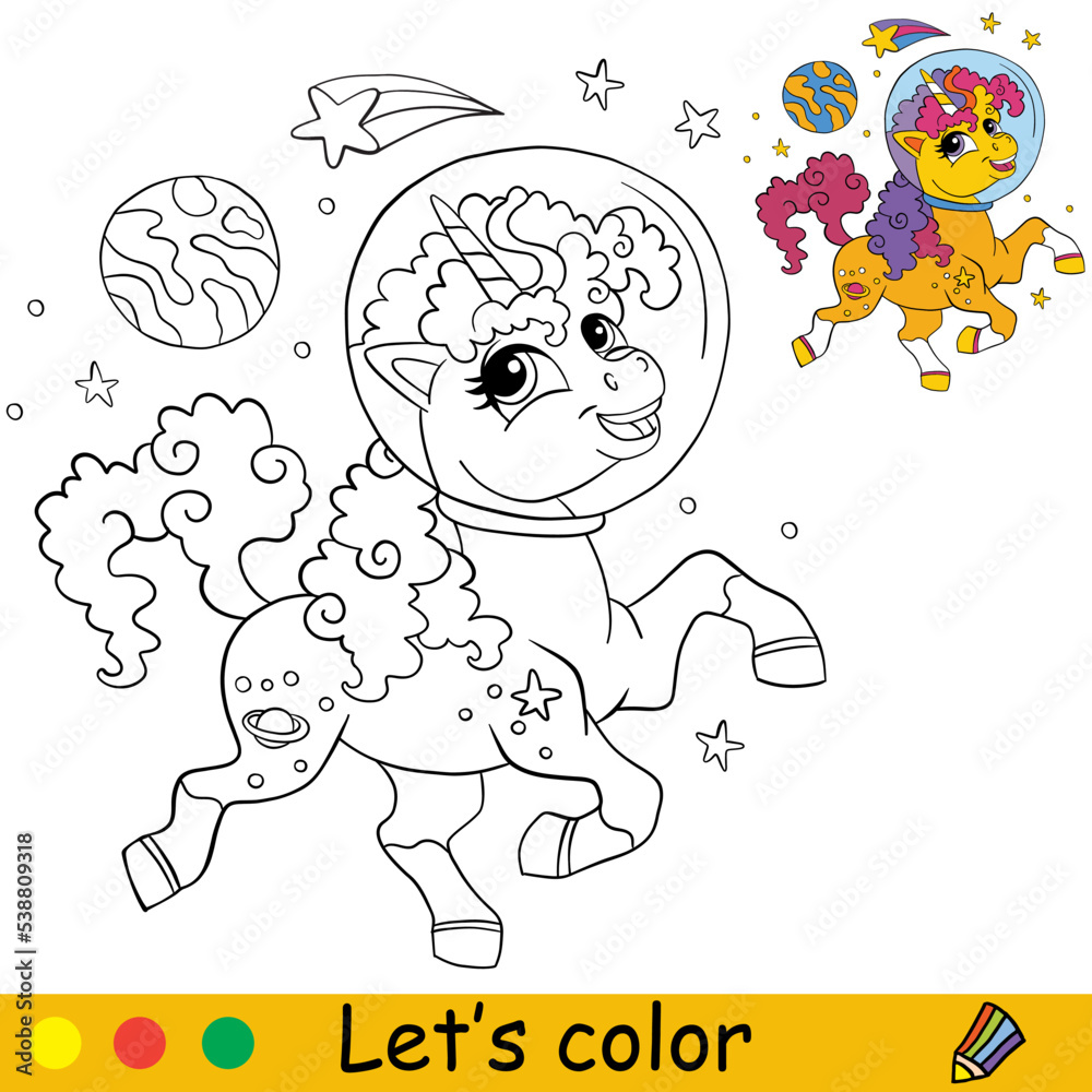 Cartoon space unicorn with stars coloring book page vector Stock Vector