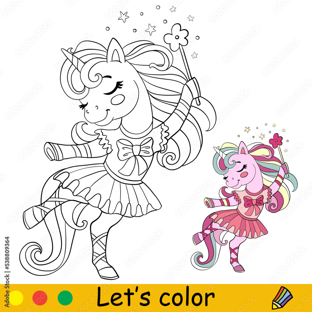 Cartoon unicorn ballerina in dress coloring book page vector Stock