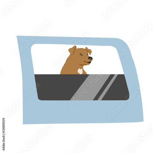dog sitting in car with open window sticking his head out - one line drawing vector. concept cute dog is waiting for his owner, curious dog looks out of car