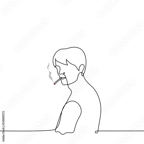 man with a smoking cigarette in his mouth - one line drawing vector. concept smoker with a cigarette