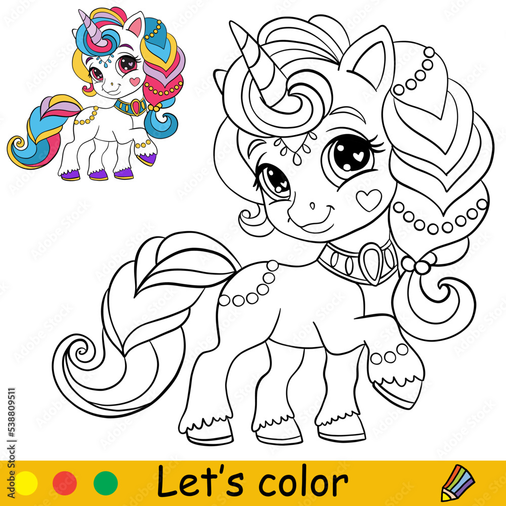Obraz premium Cartoon girl unicorn with jewels coloring book page vector