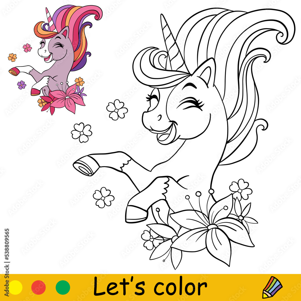 Cartoon pretty unicorn with flowers coloring book page vector Stock