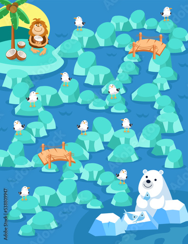 Maze with sea and animals. Activity for children. Puzzle game for kids. Help the monkey get to the bear. On the way she must meet 7 seagulls. Vector illustration.