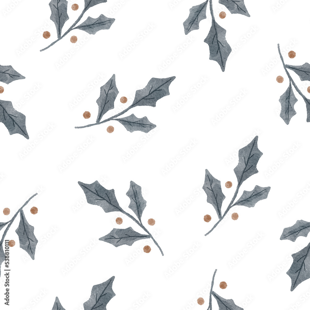 Watercolor Christmas flowers and plants seamless pattern. Ideal for creating New Year prints on clothes, fabrics, wrapping paper.