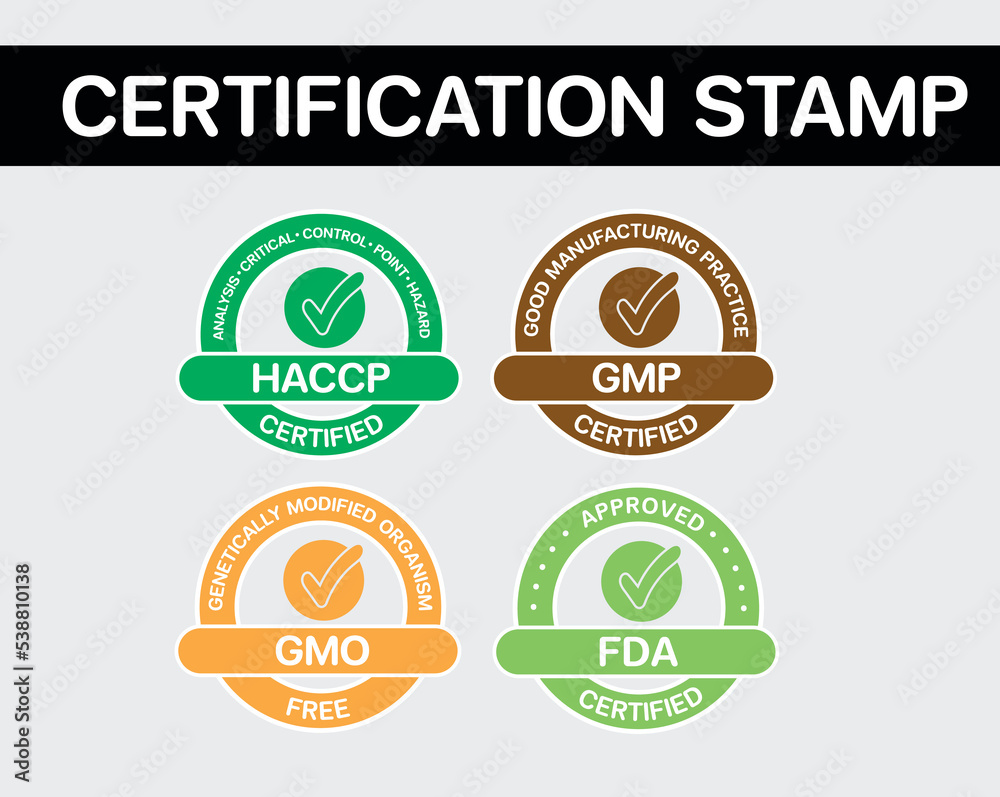 ISO certification stamp and labels collection, GMP good manufacturing practice industrial green mark