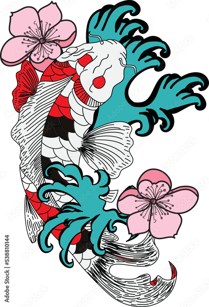 Black and white Koi carp fish vector,Japanese Tattoo with sakura and