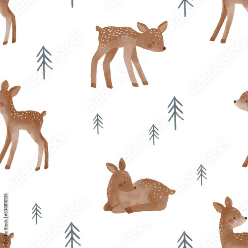 Watercolor Christmas print with cute fawn, сones, trees, mushrooms, decor. Seamless pattern. Ideal for creating New Year prints on clothes, fabrics, wrapping paper. © webmuza