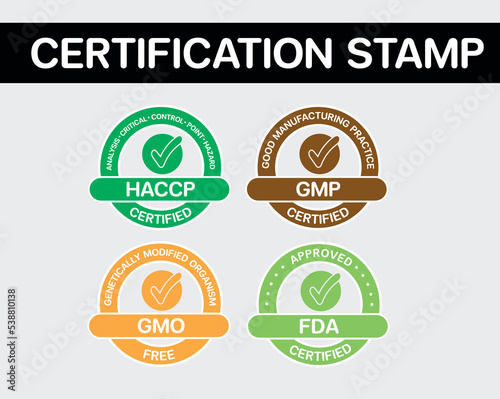 ISO certification stamp and labels collection, GMP good manufacturing practice industrial green mark