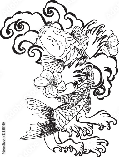Black and white Koi carp fish vector,Japanese Tattoo with sakura and lotus flower,chinese tattoo with marigold flower,chinese fish and wave.