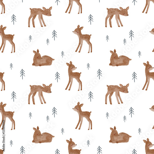 Watercolor Christmas print with cute fawn, сones, trees, mushrooms, decor. Seamless pattern. Ideal for creating New Year prints on clothes, fabrics, wrapping paper.