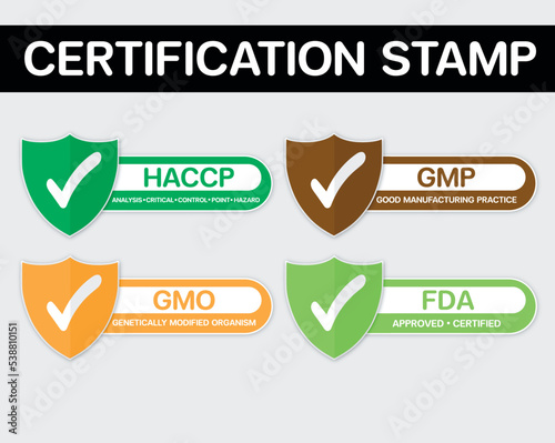 ISO certification stamp and labels collection, GMP good manufacturing practice industrial green mark