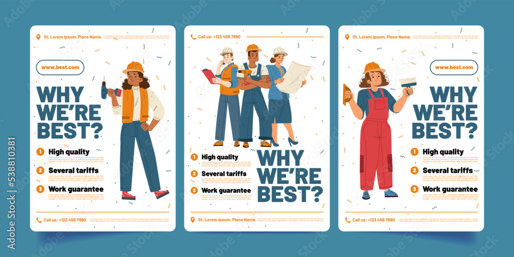 Advertisement of construction company with question Why we are best. Promotion banners with people builders, handymen, architect and engineer, vector hand drawn illustration
