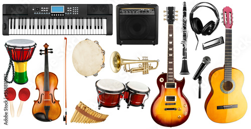 Set collection of various musical instruments. Electric guitar violin piano keyboard bongo drums tamburin harmonica trumpet. Brass percussion studio music design pattern isolated white background photo
