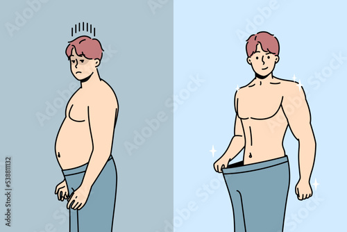 Man lost weight. Demonstration of result of how guy slim down after dieting, exercising in gym. Boy shows his athletic figure, trousers that are too big for him. Sport motivation. Vector illustration.