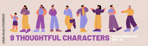 Thoughtful characters set. Diverse people think. Curious, confused, doubt and puzzled men and women, boy and elderly person isolated on background, vector flat illustration