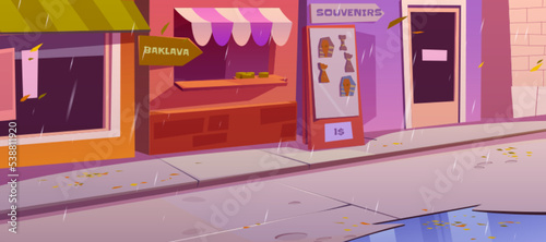 Traditional arabic bazaar with shops on empty city street in rain. Turkish town with market, stores with food and souvenirs at rainy autumn weather, vector cartoon illustration