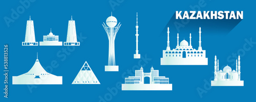 Travel landmarks kazakhstan with isolated silhouette architecture on blue background.