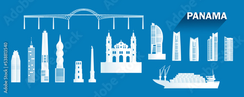 Travel landmarks Panama with isolated silhouette architecture on blue background.