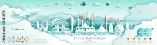 Advertising travel brochure Kazakhstan top world modern skyscraper and famous.