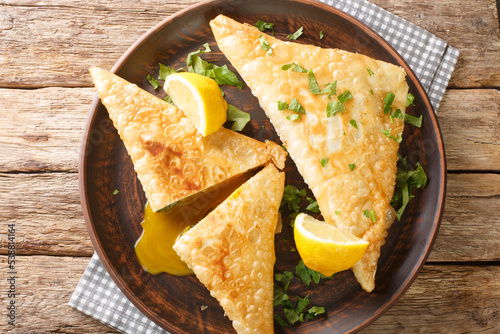 Brik is a very thin, brittle pastry used in Tunisian cooking is the base for a breakfast pastry stuffed with egg, potato, tuna fish close up in the plate on the wooden table. Horizontal top view photo