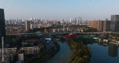 Wallpaper Mural aerial cityscape of Chengdu Sichuan with traffic on the overpass road by the river park Torontodigital.ca