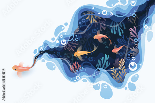 Fishes layered shape wavy ocean underwater background in paper cut style