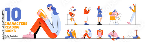 Set of people reading books standing, sitting and lying on floor. Male and female characters sparetime in club, home or library. Students read, prepare for exams, Line art flat vector illustration