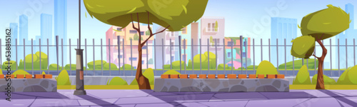 Summer landscape of city park with benches, green grass, trees, street lights and eco houses behind metal fence. Public garden and buildings with green plants on balconies, vector cartoon illustration