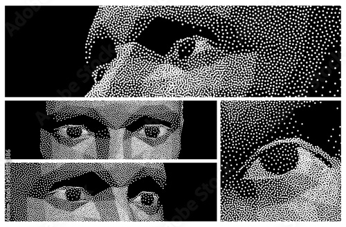 Eye. Close-up portrait of a man. Digital vision. Security technology and surveillance. Innovative medicine and technology. Stipple effect. 3D vector illustration.