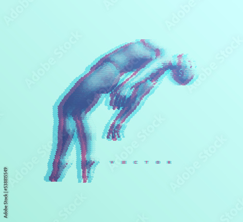 Take me higher. Flying man in zero gravity or a fall. Hovering in the air. Levitation act. Glitch style. 3D vector illustration.