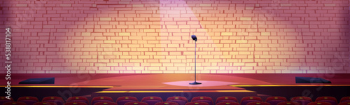Stage for talent show, stand up amusement or TV entertainment with microphone, stairs, illumination, brick wall and viewer chairs. Music concert area, podium for artists, Cartoon vector illustration