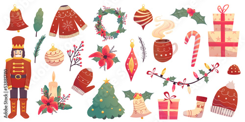 Christmas set ornament with toy, nutcracker and candle. Vector illustration clipart. Holiday flower poinsettia with bell and gift for holiday design. Christmas tree, garland clothes hygge design