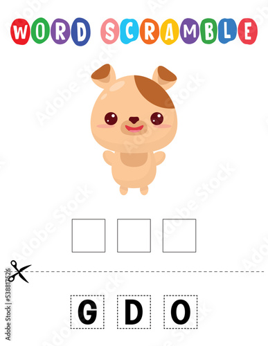 Dog Word scramble . Educational game for kids. English language spelling worksheet for preschool children