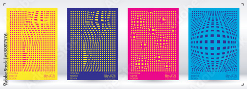 Geometrical Poster Design with Optical Illusion Effect.  Modern Psychedelic Cover Page Collection. Colourful Wave Lines Background. Fluid Stripes Art. Swiss Design. Vector Illustration for Brochure.