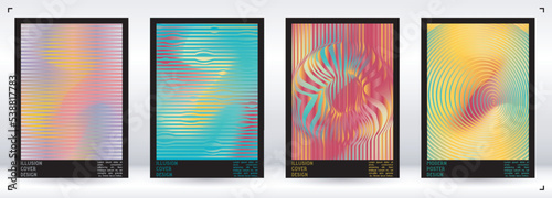 Geometrical Poster Design with Optical Illusion Effect.  Minimal Psychedelic Cover Page Collection. Colorful Wave Lines Background. Fluid Stripes Art. Swiss Design. Vector Illustration for Placard.
