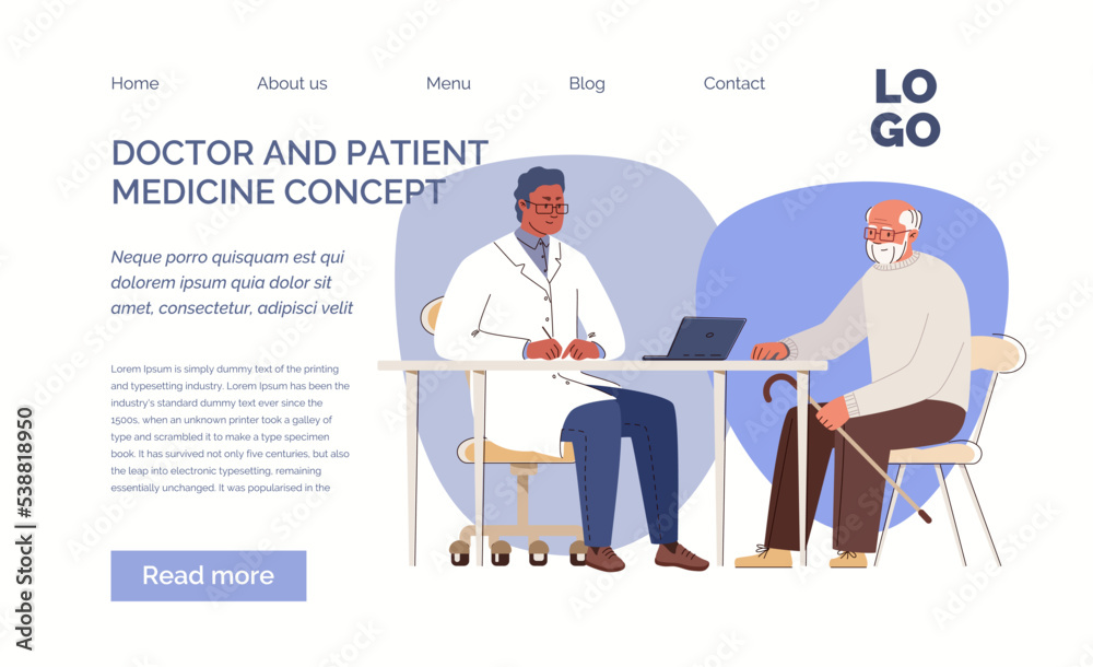 Friendly doctor sees elderly, makes diagnoses, prescribes treatment, and keeps medical history on computer. Geriatric counseling. Template, landing page. Vector characters flat cartoon illustration.
