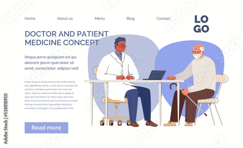 Friendly doctor sees elderly, makes diagnoses, prescribes treatment, and keeps medical history on computer. Geriatric counseling. Template, landing page. Vector characters flat cartoon illustration.
