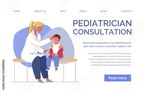 Cute child with cold symptoms visits doctor. Friendly physician helps sick boy with high fever. Vector flat cartoon illustration. Landing page template.
