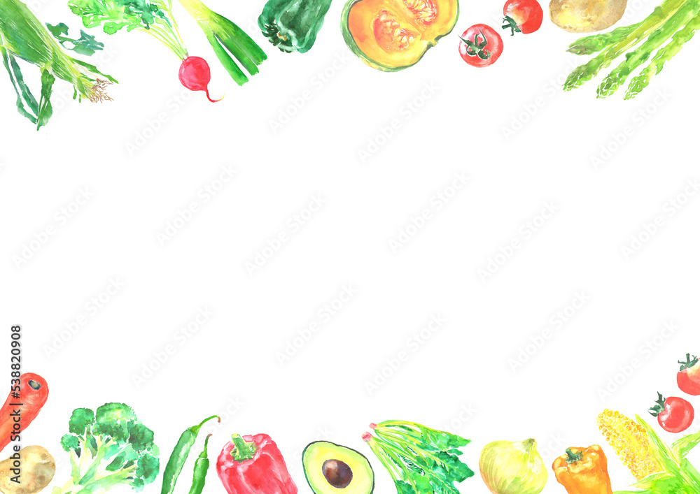 水彩で描いた色々な新鮮な野菜のイラストフレーム